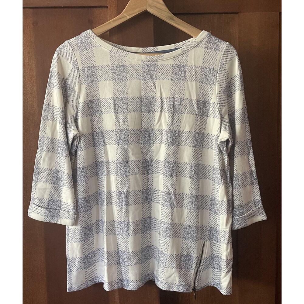 J Jill Top Plaid Soft Cotton Modal 3/4 Sleeve Boat Neck Womens Medium Petite New